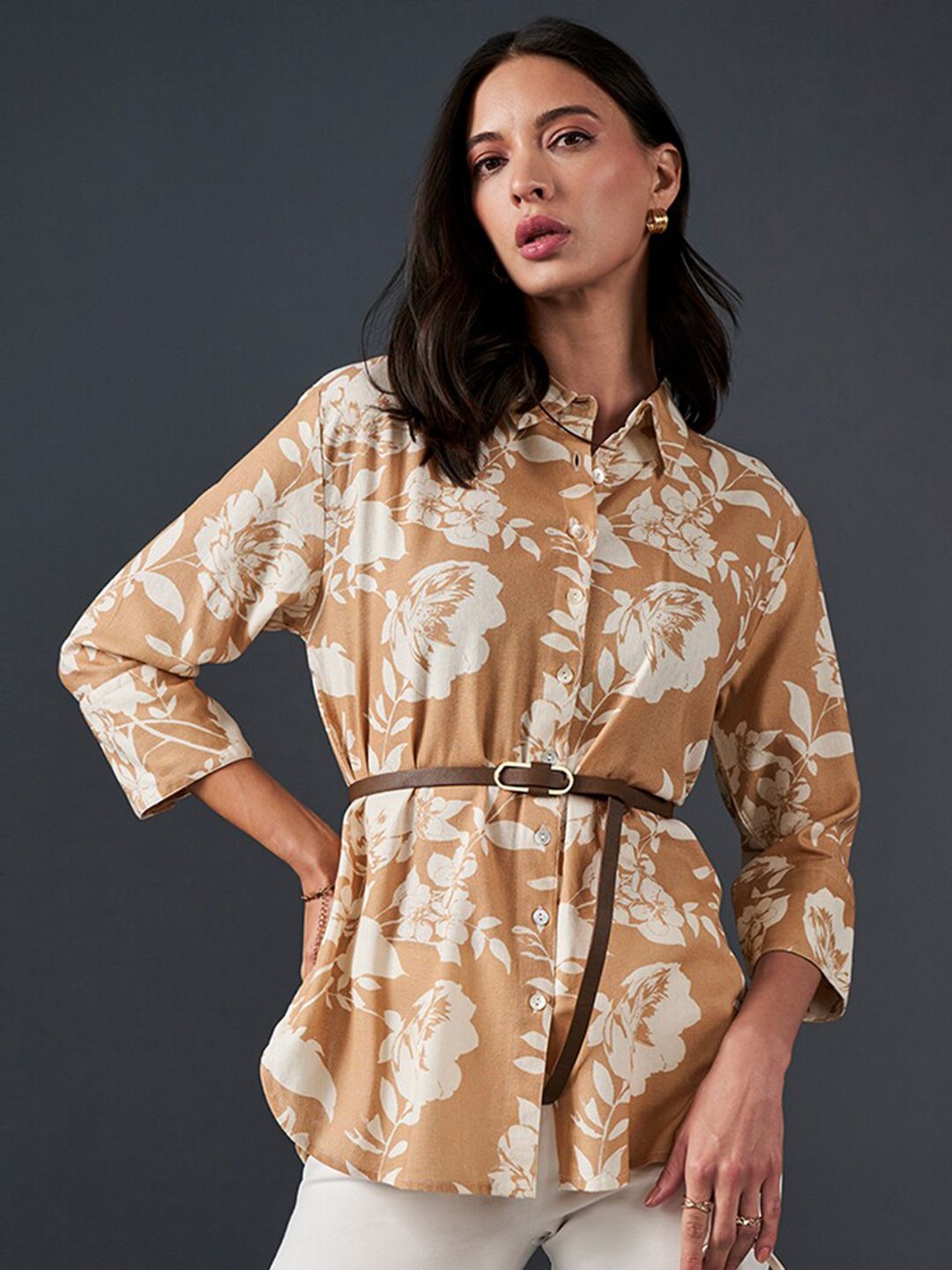 AND Floral Printed Shirt Collar Style Top