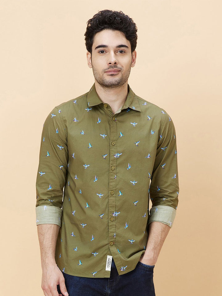 Being Human Slim Fit Conversational Print Spread Collar Long Sleeves Casual Shirt