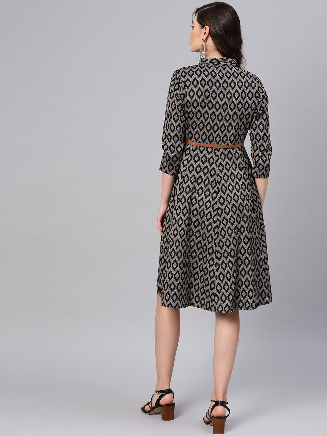 SASSAFRAS Black & Beige Ikat Print Cotton Shirt Dress