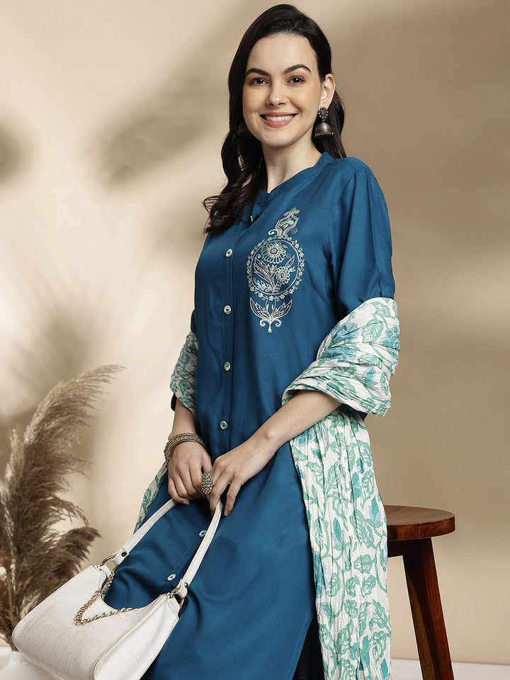 Anouk Floral Embroidered Regular Pure Cotton Kurta with Trousers & With Dupatta