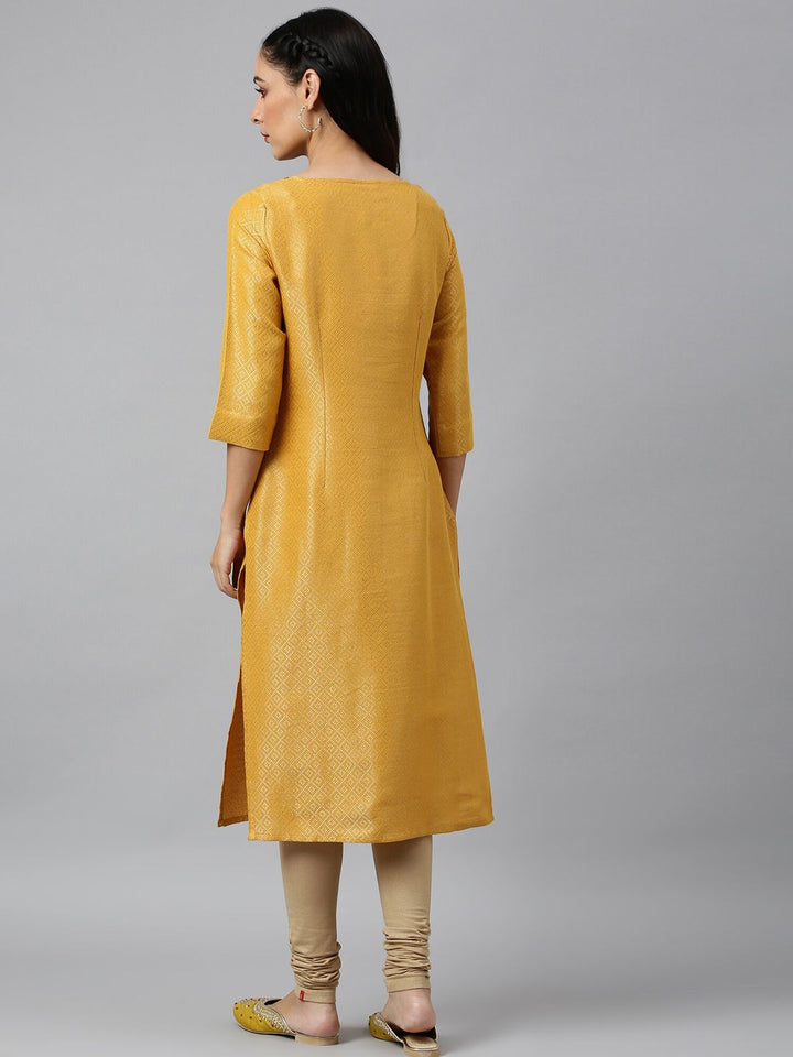 W Women Yellow Keyhole Neck Thread Work Asymmetric Kurta