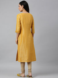 W Women Yellow Keyhole Neck Thread Work Asymmetric Kurta
