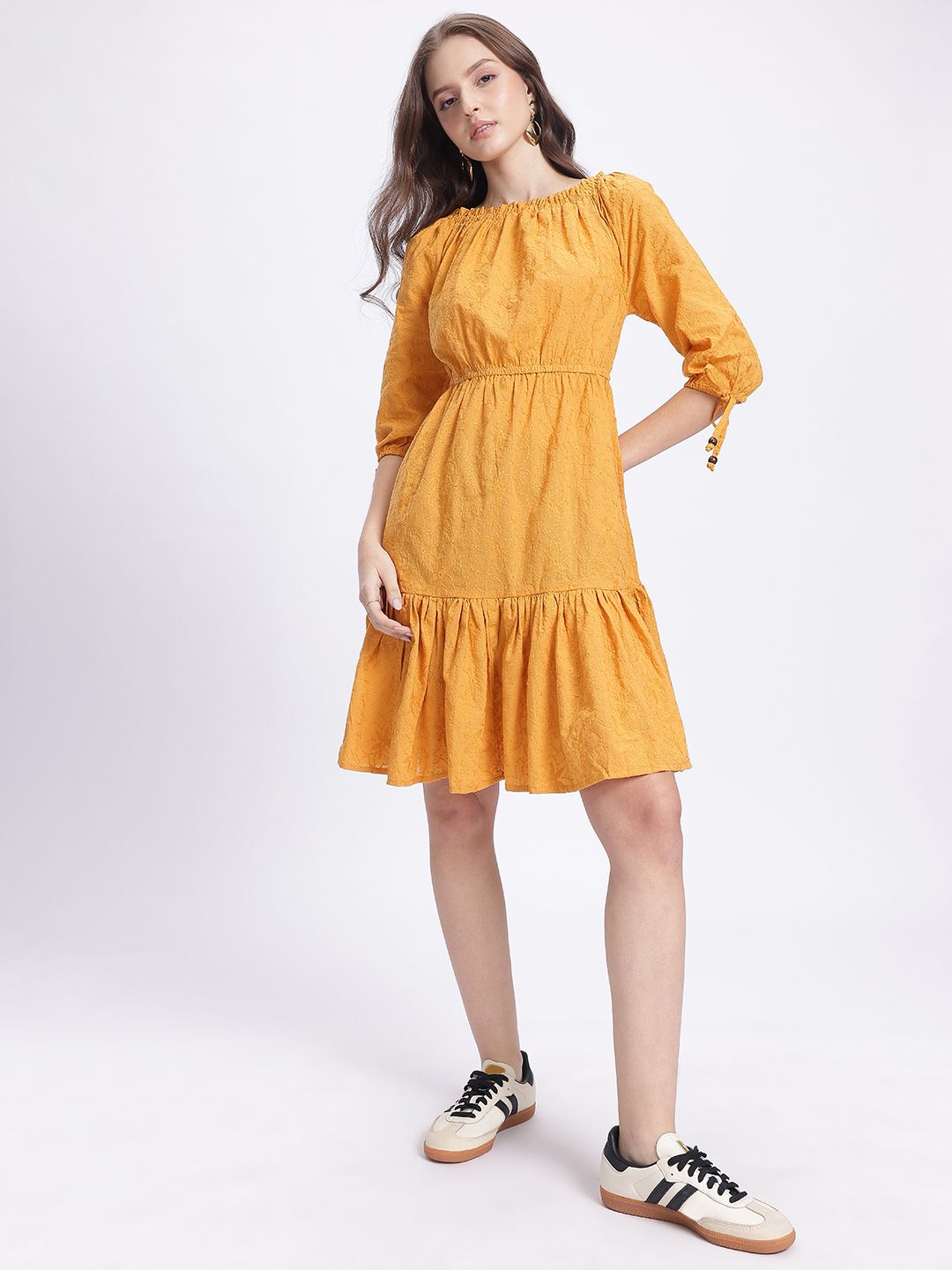 DressBerry Sunny Blooms Embroidered A-Line Midi Dress