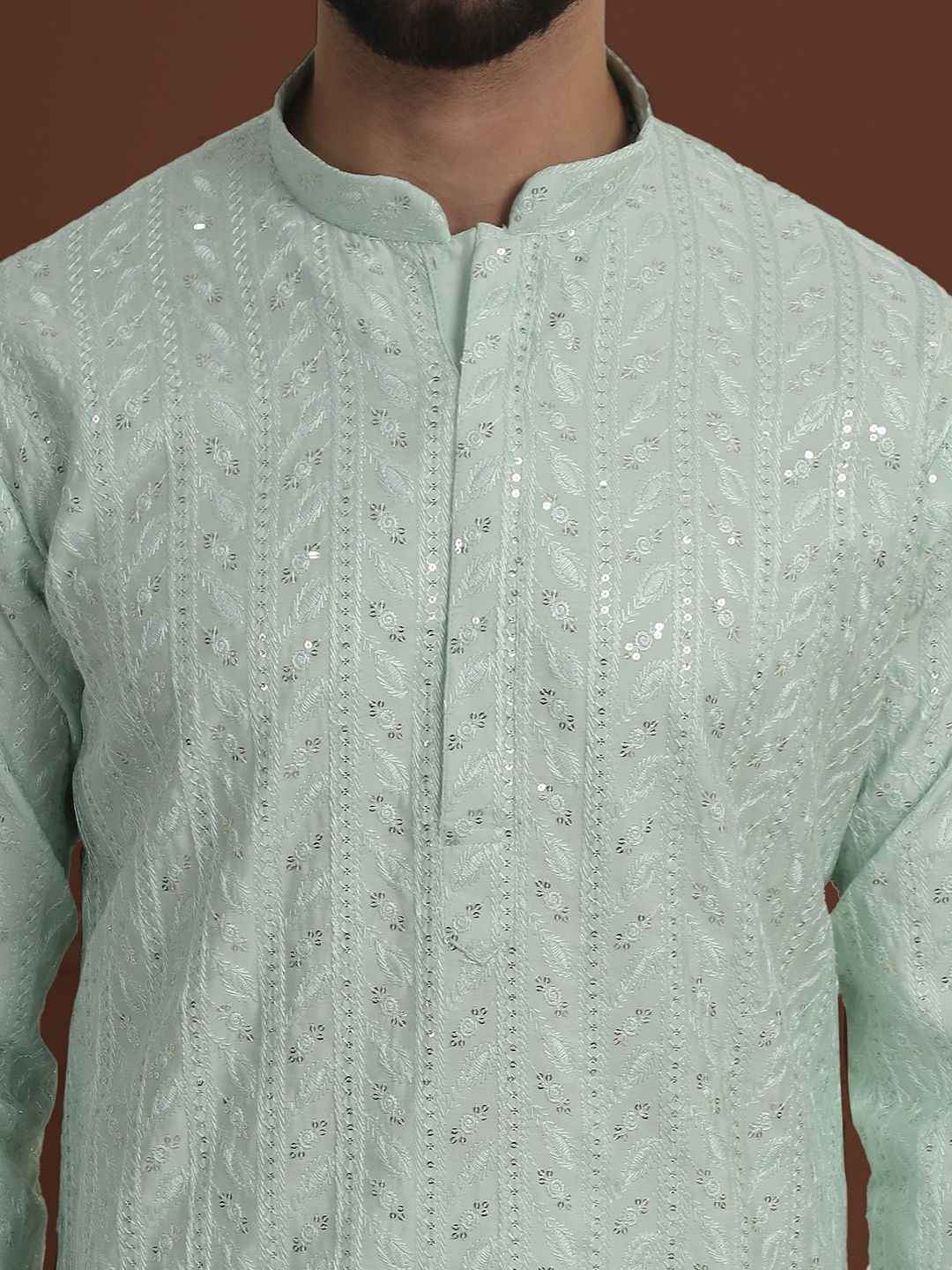 SOJANYA LUXE Sulam Bunga Labuci Mandarin Kolar Kapas Kurta Lurus Sutera