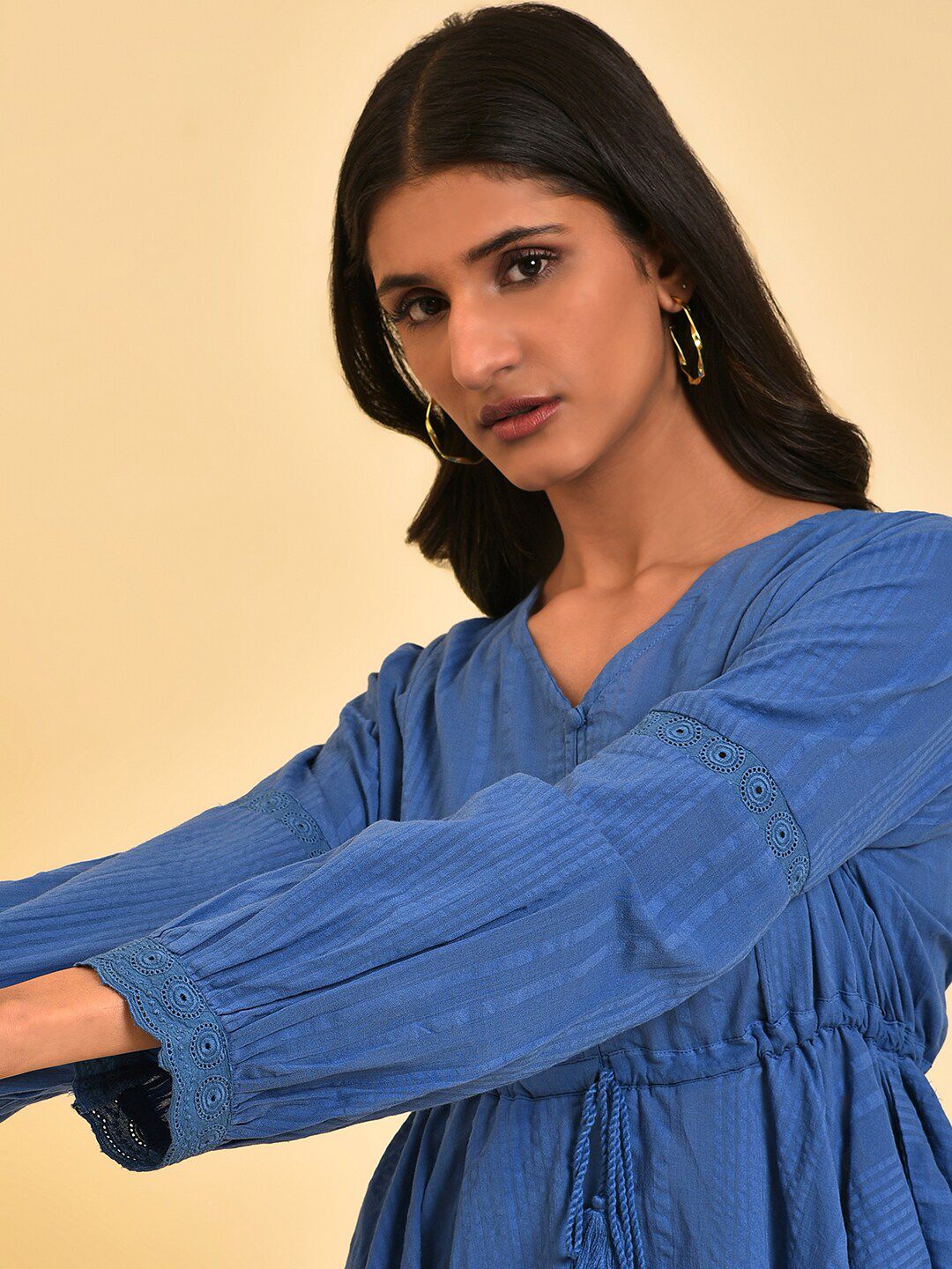 W Blue Self Design Pure Cotton Cinched Waist Top