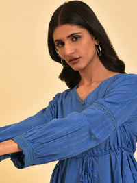 W Blue Self Design Pure Cotton Cinched Waist Top