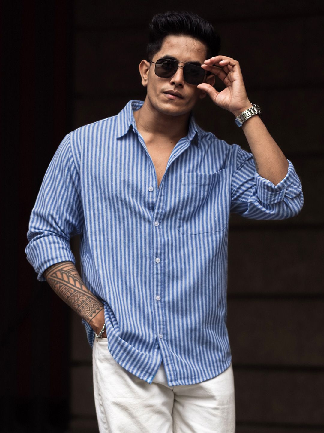 Powerlook Men Spread Collar Vertical Striped Cotton Casual Shirt