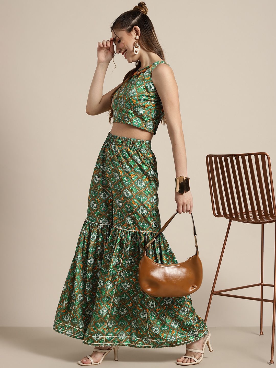 Shae by SASSAFRAS Women Green Floral Printed Flared Ethnic Palazzos