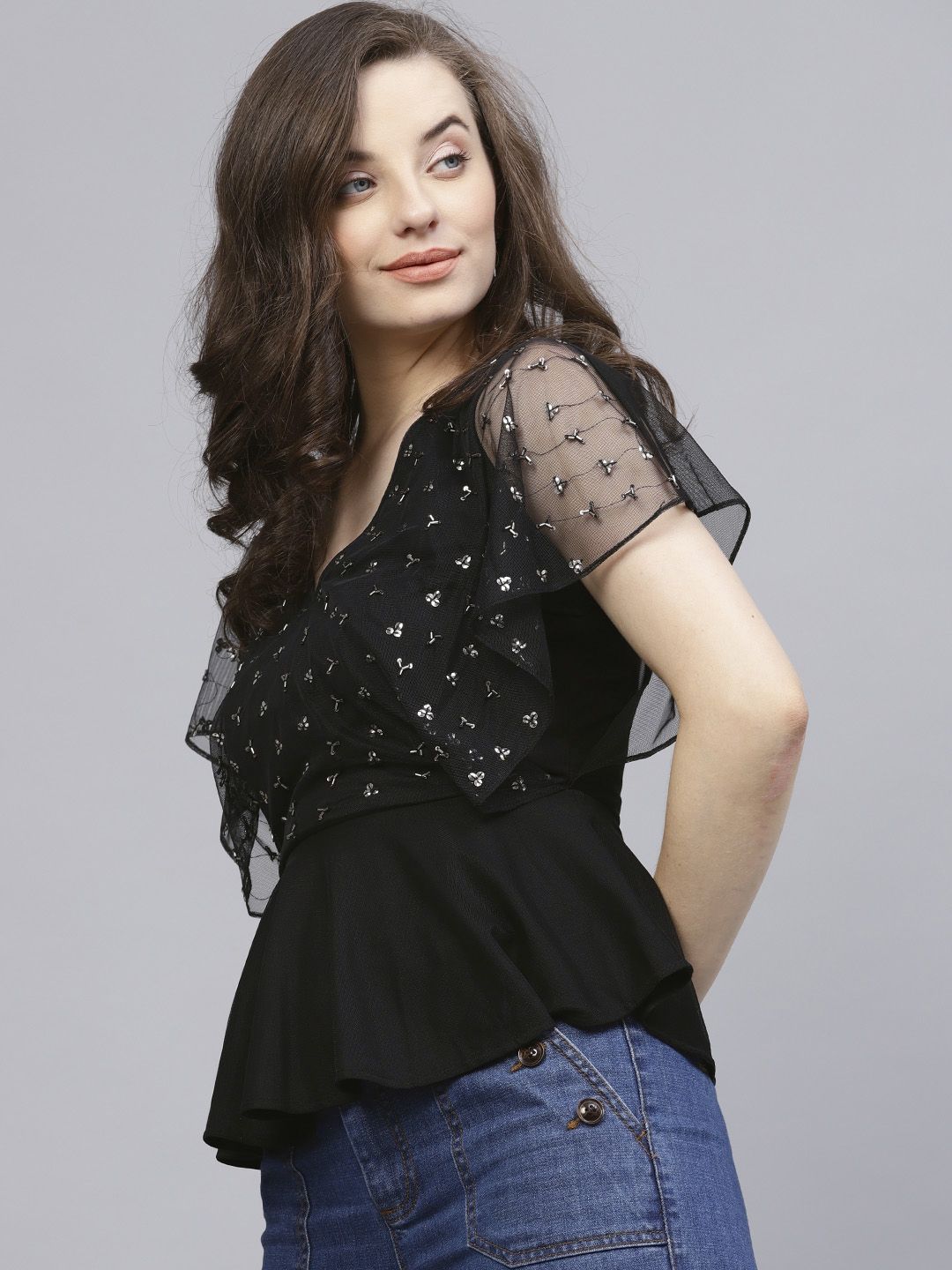 STREET 9 Black Embellished Peplum Top