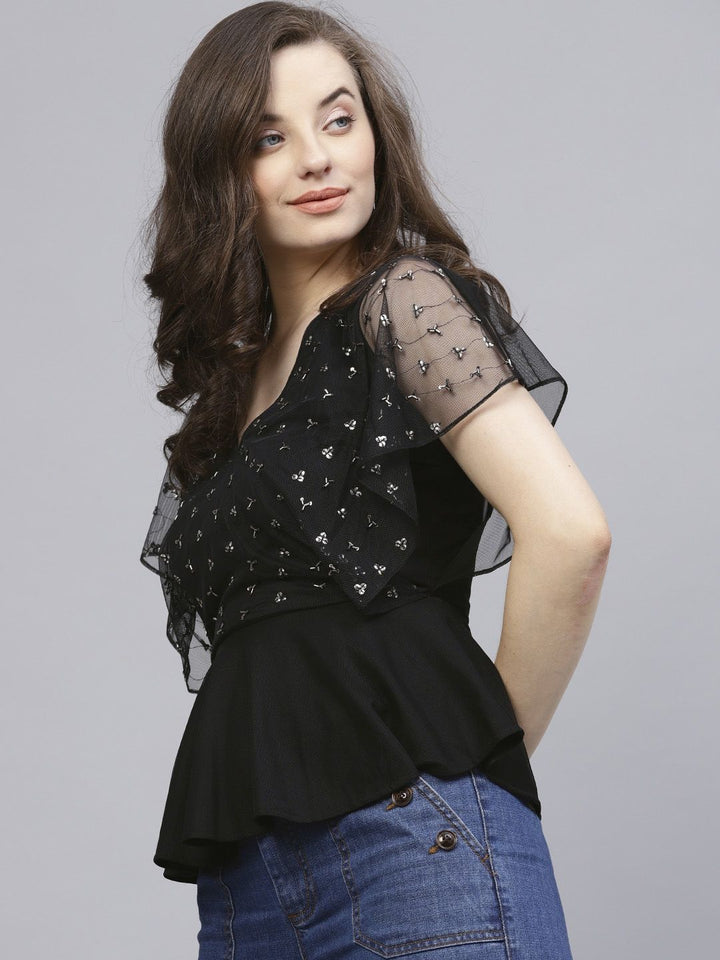 STREET 9 Black Embellished Peplum Top