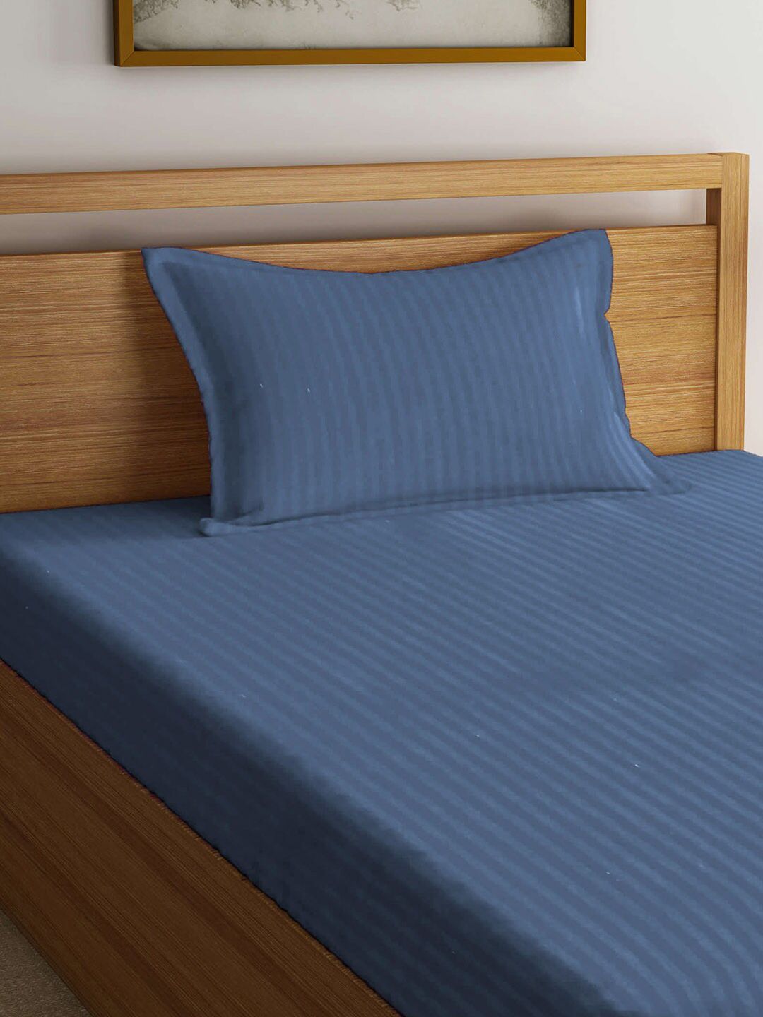KLOTTHE Blue Striped Cotton 210 TC Single Fine Bedsheet with a Pillow Cover-89 x 59 inches