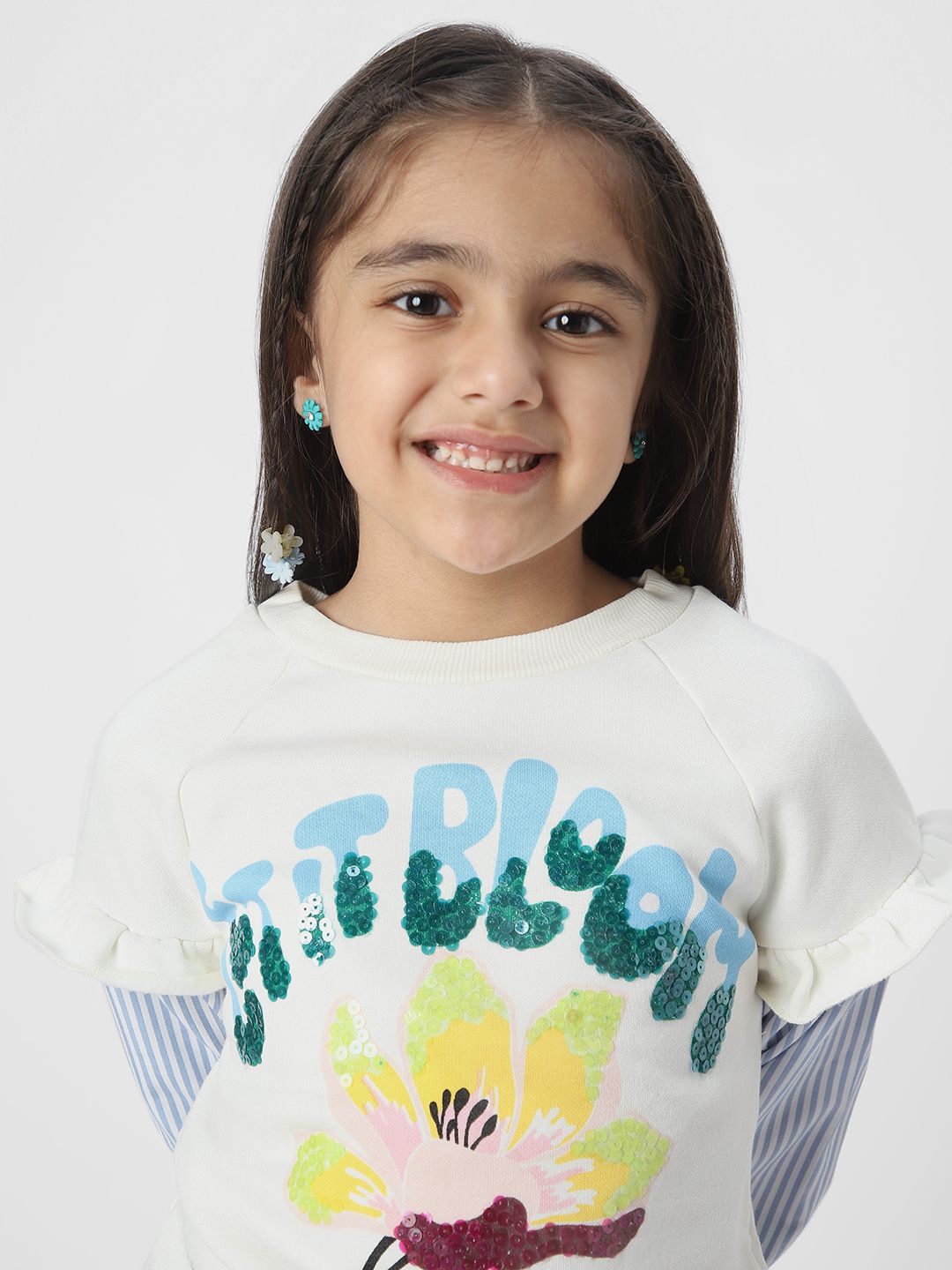 Nauti Nati Girls Graphic Printed Sweatshirt with Striped Sleeves