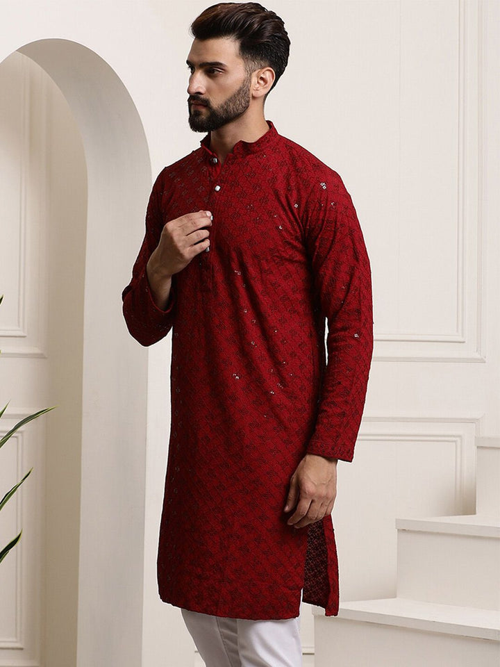 SOJANYA Geometric Embroidered Mandarin Collar Sequined Pure Cotton Straight Kurta