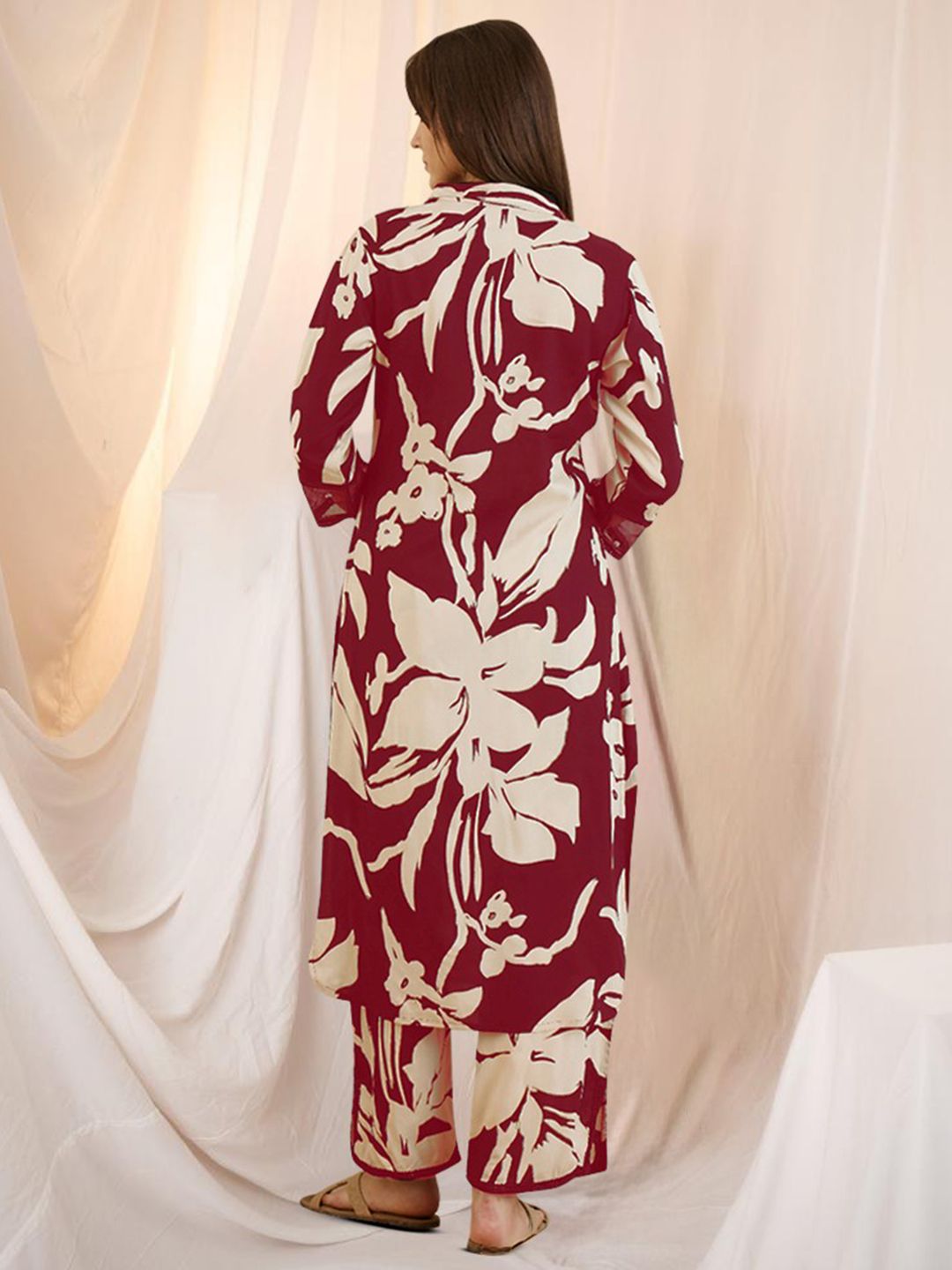 Indo Era Floral Printed Shirt Collar Sequinned Kurta with Trousers
