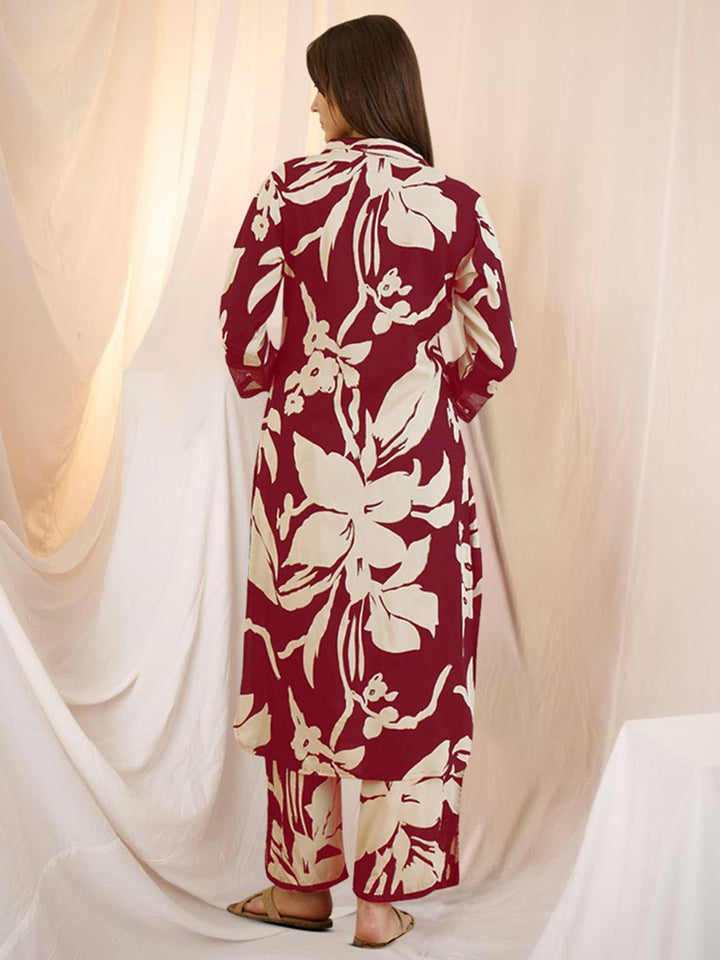 Indo Era Floral Printed Shirt Collar Sequinned Kurta with Trousers