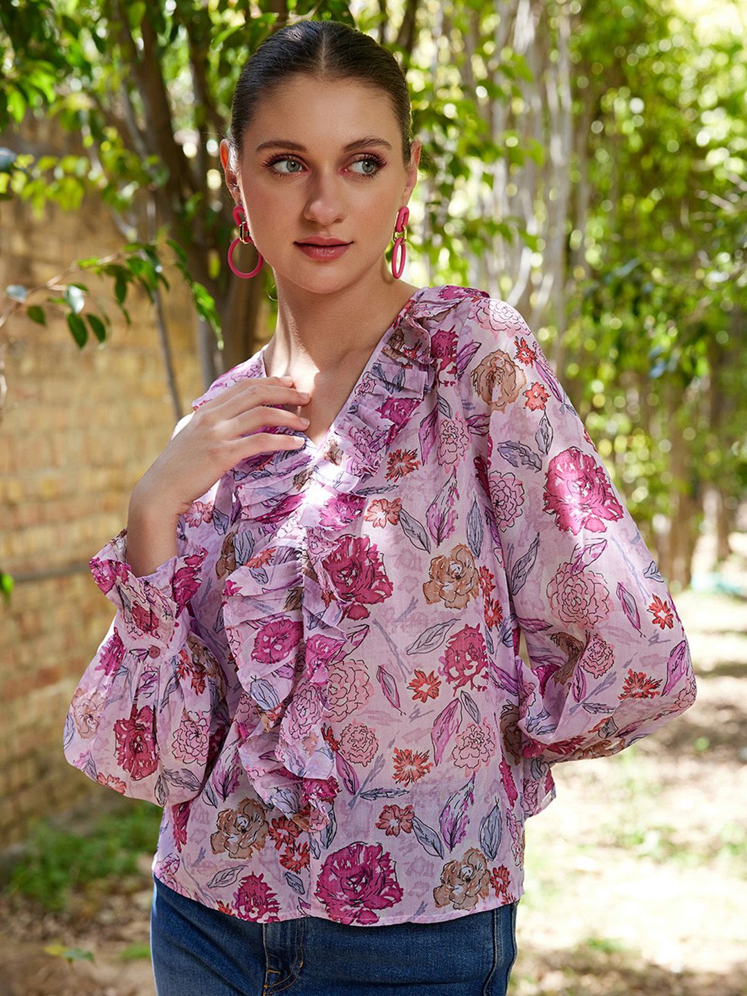 STREET 9 Pink & White Floral Printed Ruffle Top