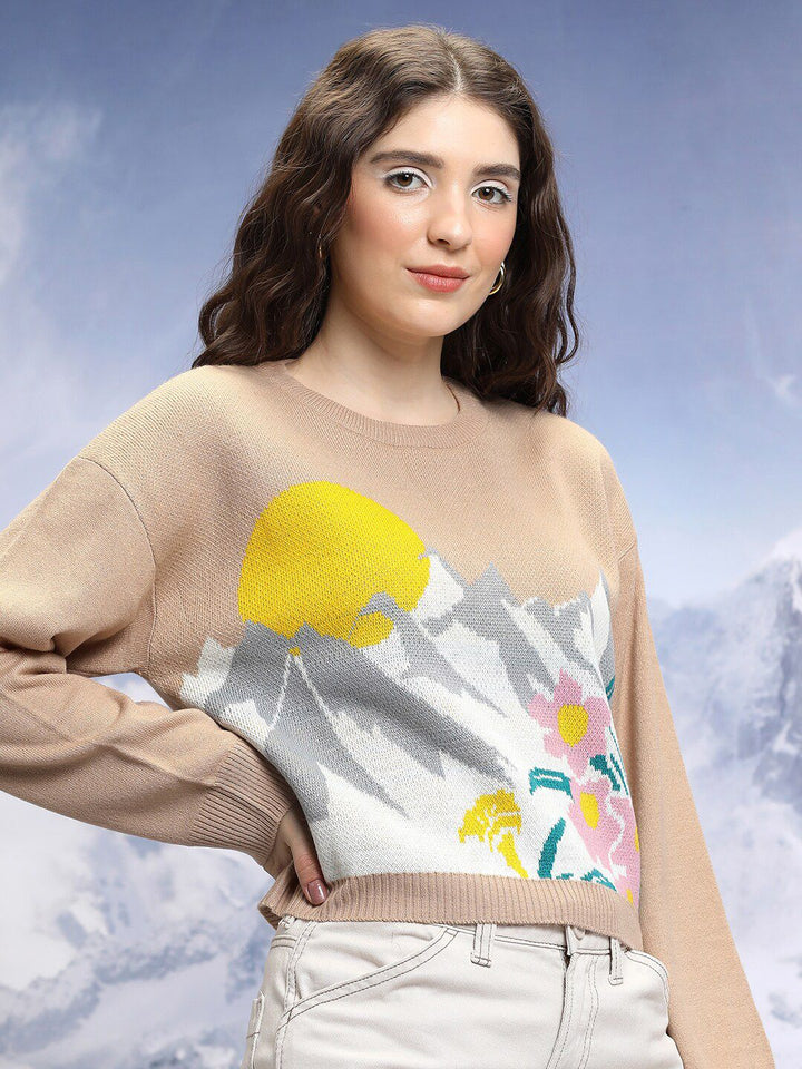 Tokyo Talkies Tan-brown Conversational Printed Jacquard Knitted Acrylic Pullover Sweater