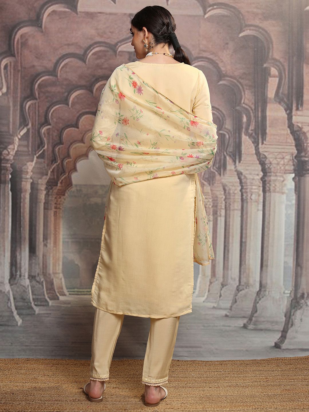 Vishudh Yellow Floral Embroidered Mirror Work Straight Kurta With Trousers & Dupatta