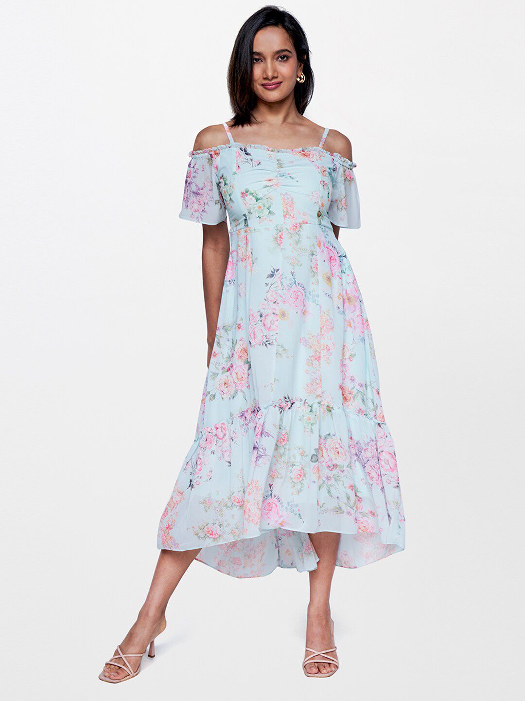 AND Floral Print Cold-Shoulder Fit & Flare Midi Dress