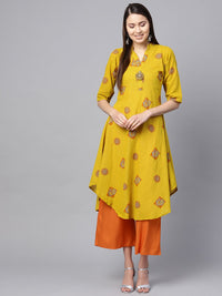 SOJANYA Kurta A-Line Printed Mustard Kuning & Jingga Wanita