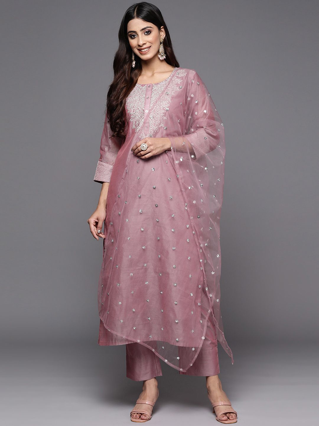 Varanga Floral Zari Embroidered Chanderi Silk Kurta With Trouser & Sequined Dupatta.