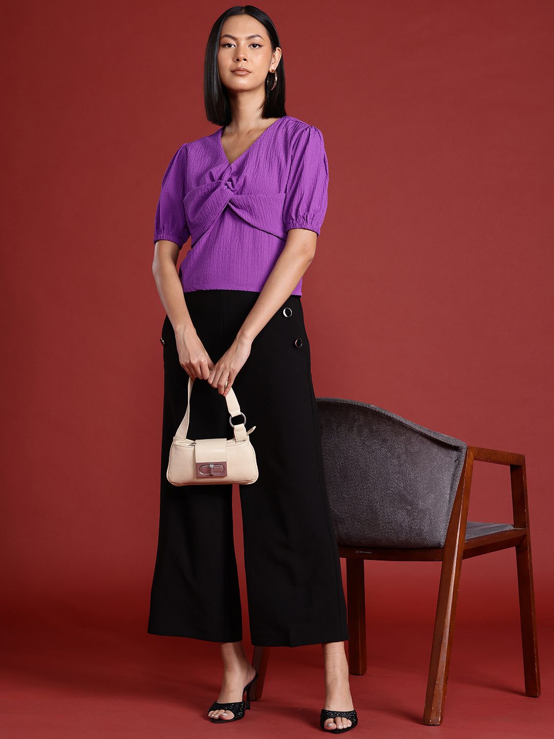 all about you Puff Sleeves Textured Twisted Top
