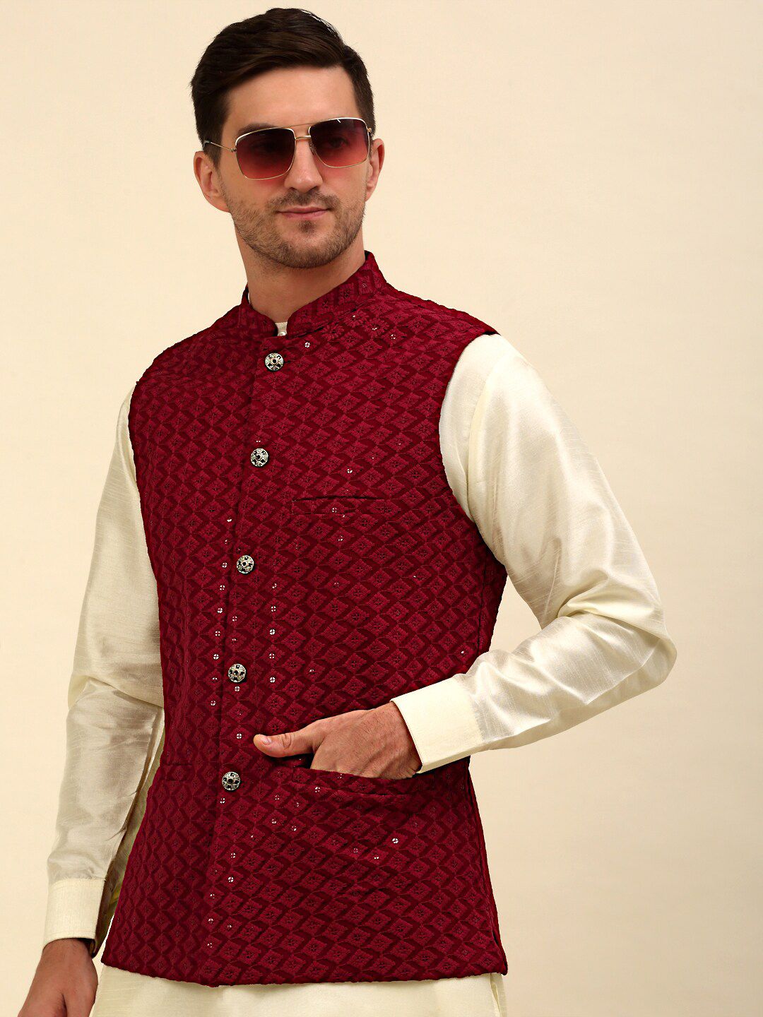 Anouk Maroon Embroidered Sequinned Nehru Jacket