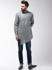 SOJANYA Men Grey Solid Asymmetric Hemline Straight Kurta