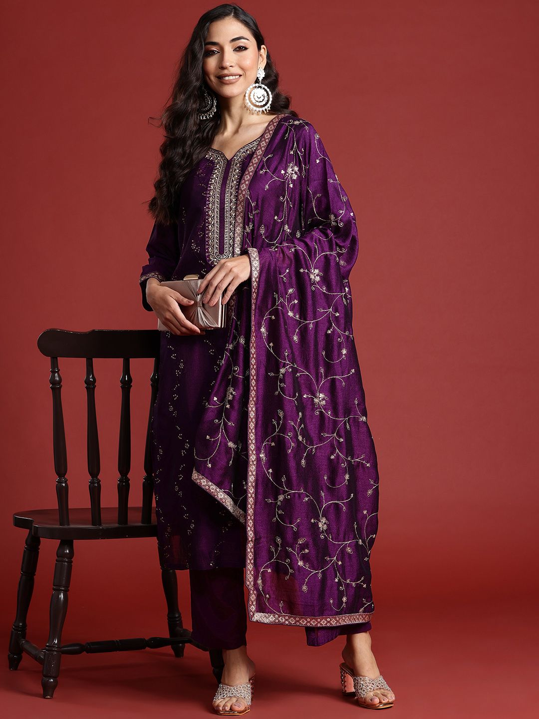 Indo Era Floral Embroidered Sequinned Kurta With Trousers & Dupatta