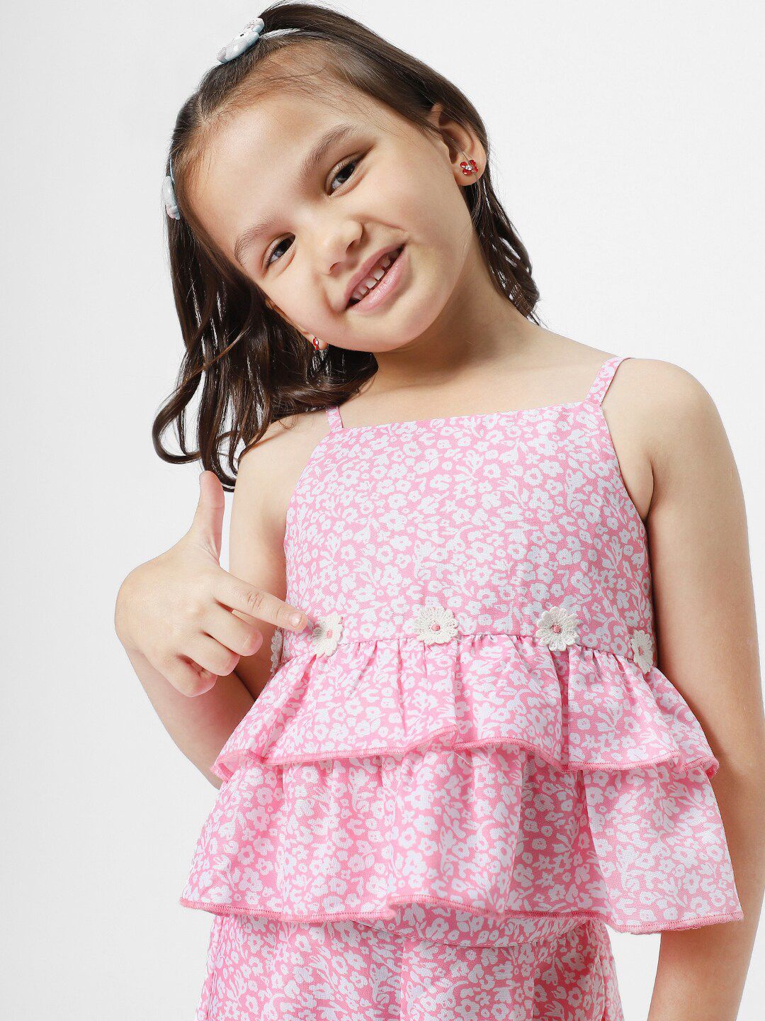 Nauti Nati Girls Floral Printed Shoulder Straps Top with Trousers