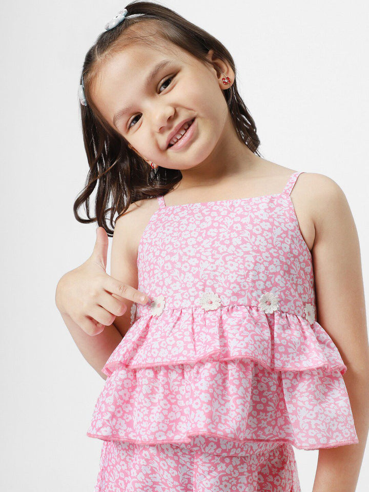 Nauti Nati Girls Floral Printed Shoulder Straps Top with Trousers