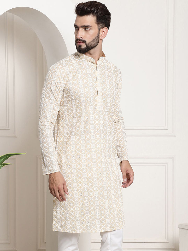 SOJANYA Men Beige Floral Mirror Work Kurta