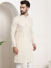 SOJANYA Men Beige Floral Mirror Work Kurta