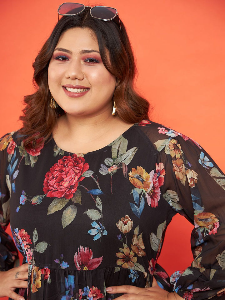 SASSAFRAS Curve Floral Printed Tiered Chiffon Dress