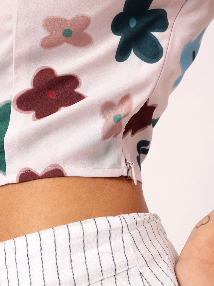 DressBerry Bold Sheer Floral Printed Shirt Style Net Detail Crop Top
