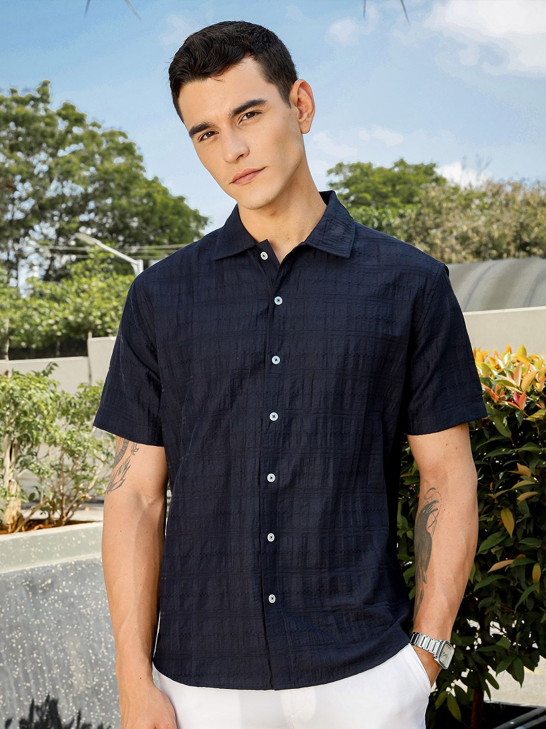 Thomas Scott Men Smart Slim Fit Horizontal Stripes Opaque Casual Shirt