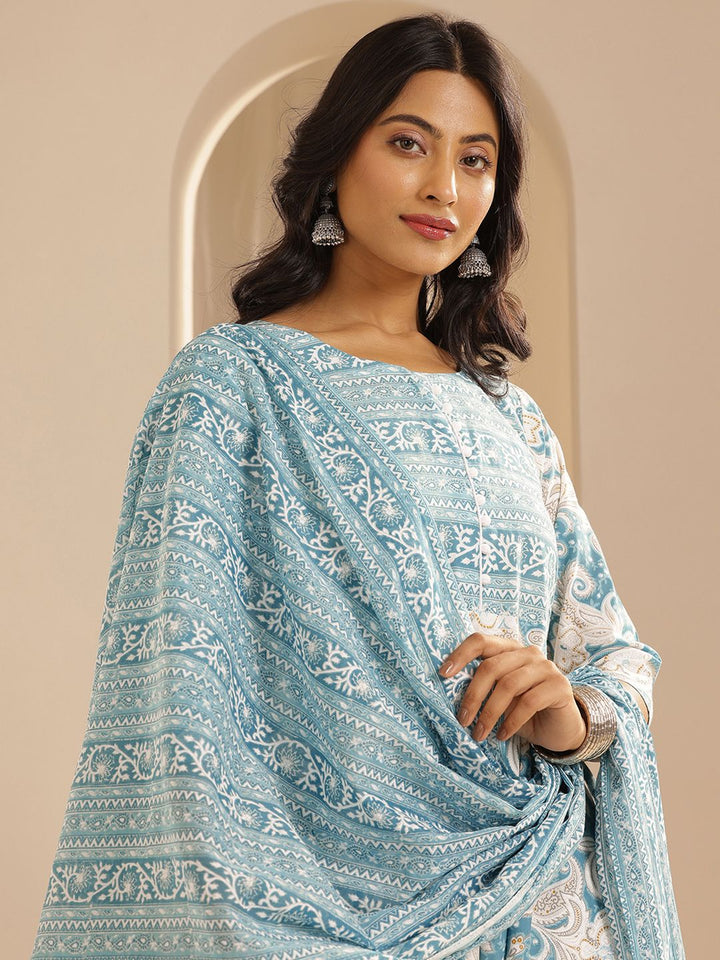Libas Floral Printed Pure Cotton Anarkali Kurta with Trousers & Dupatta