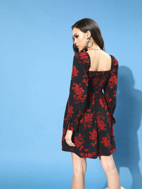 Berrylush Black & Red Floral Crepe A-Line Midi Dress