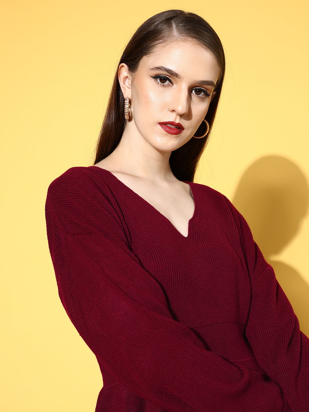 Berrylush Women Maroon Solid Knits Bits Sweater