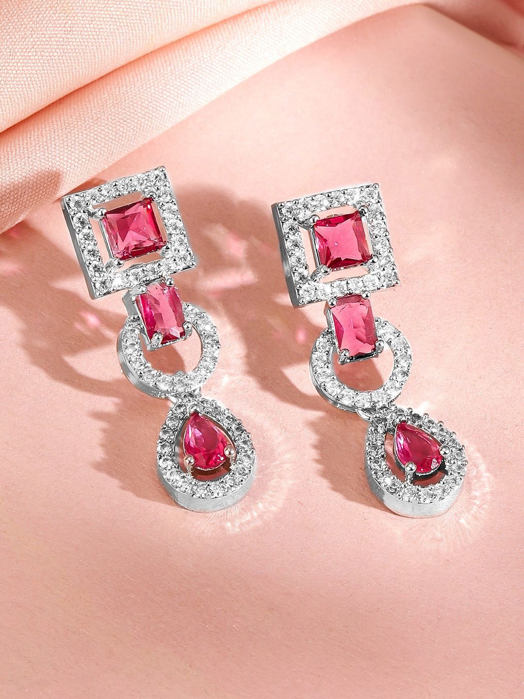 Rubans Rhodium-Plated Ruby Pink AD & Cubic Zirconia Studded Classic Necklace Set