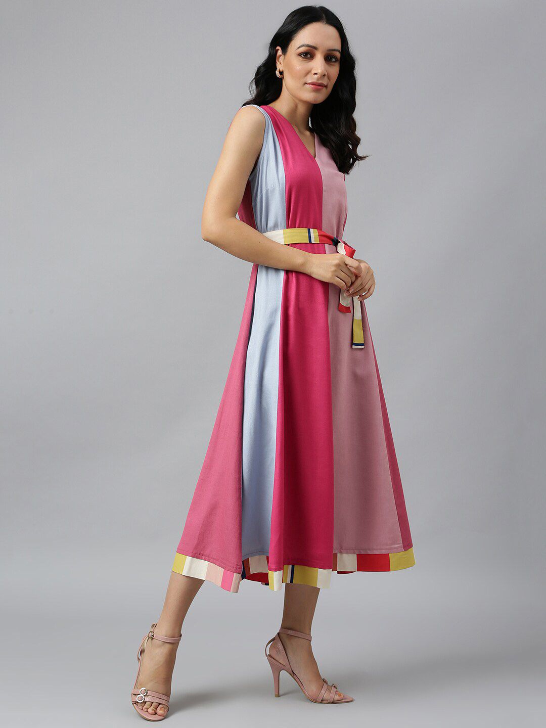 W Pink Colourblocked Midi Dress