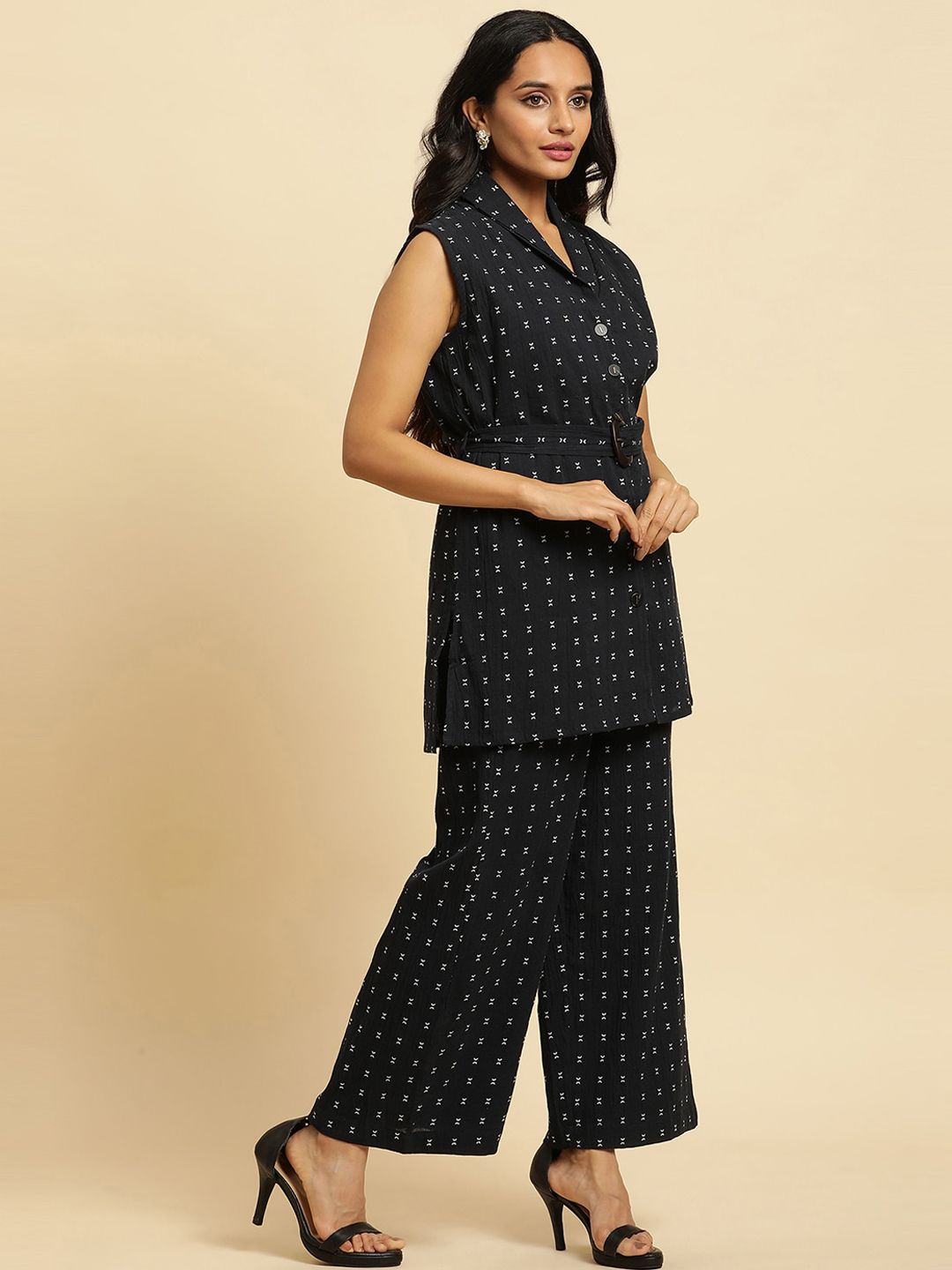 W Navy Blue Geometric Printed Regular Pure Cotton Kurta with Trousers
