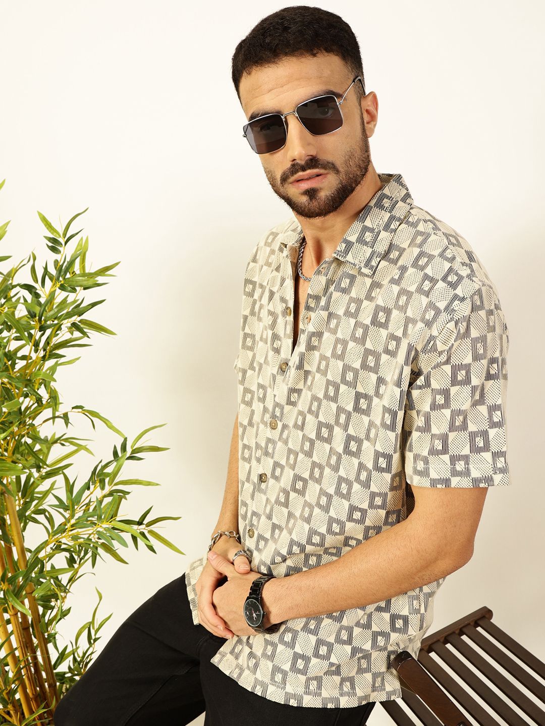 Thomas Scott Men Self Design Textured Cotton Regular Fit Semi-Sheer Casual Crochet Shirt