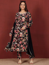 Varanga Floral Printed Thread Work Pure Cotton Kurta With Trousers & Dupatta