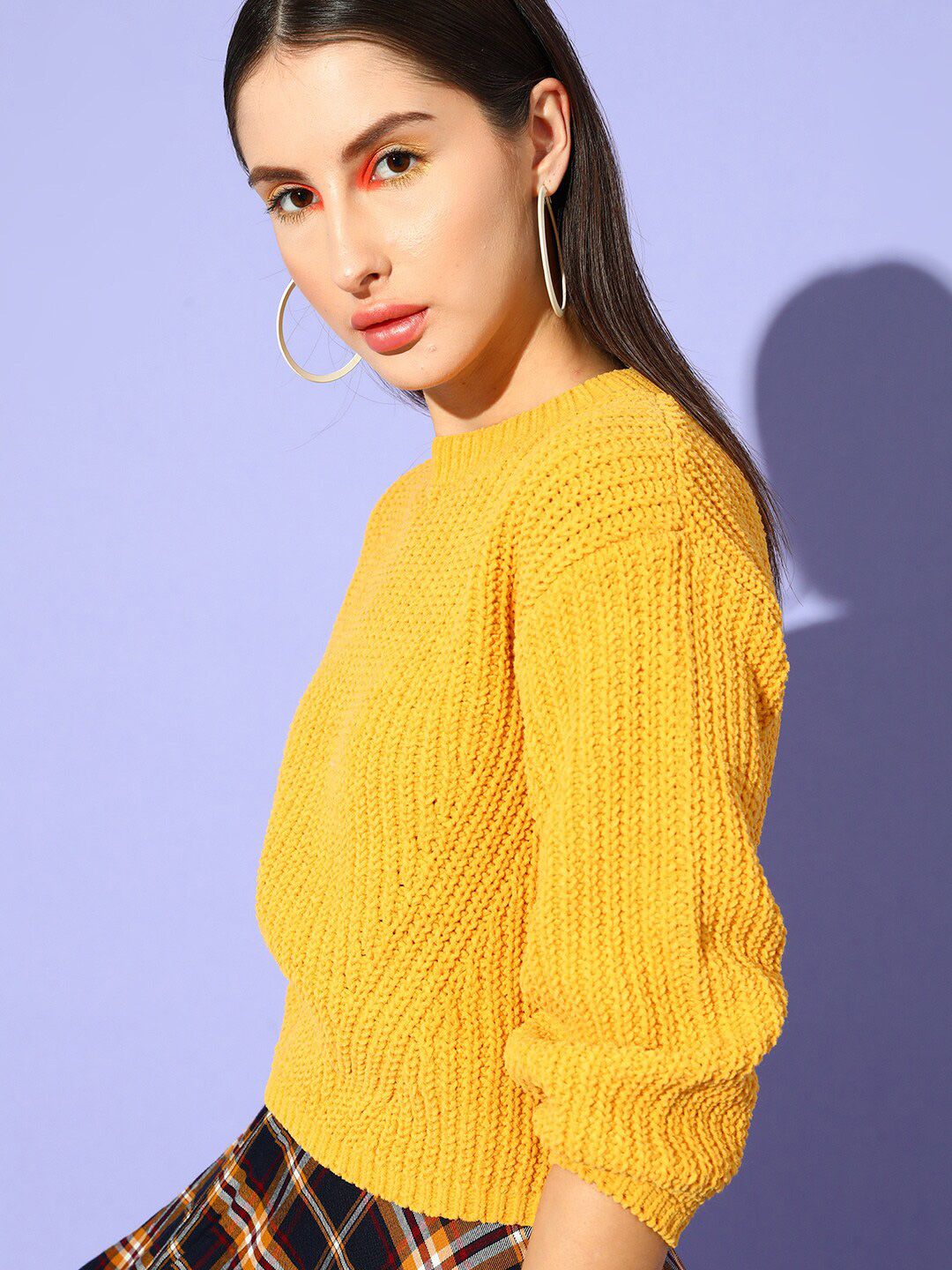 STREET 9 Women Yellow Ribbed Three Quarter Sleeves Pullover