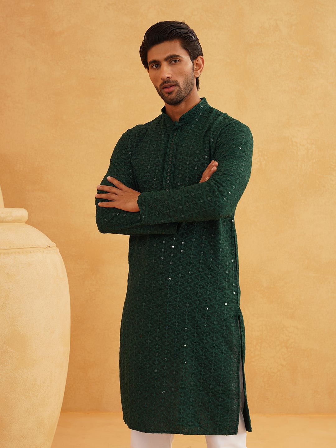 SOJANYA Embellished Mandarin Collar Sequinned Pure Cotton Kurta