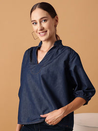 STREET 9 Puff Sleeved Cotton Denim Top