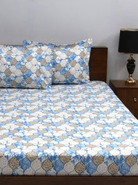 BOMBAY DYEING Blue & White Floral 160 TC Queen Bedsheet with 2 Pillow Covers