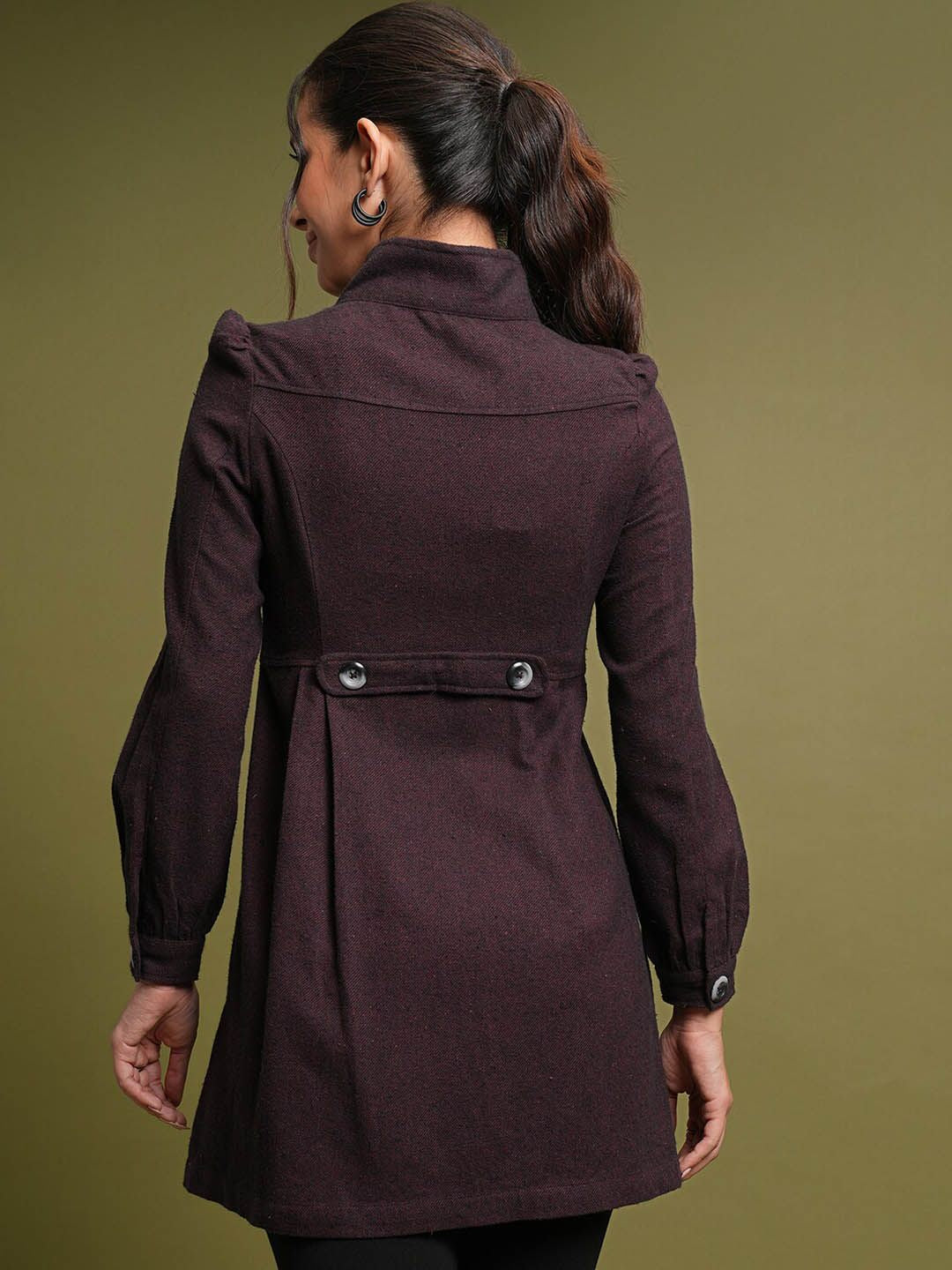 Tokyo Talkies Maroon Mock Collar Hip Length Cotton Princess Coat