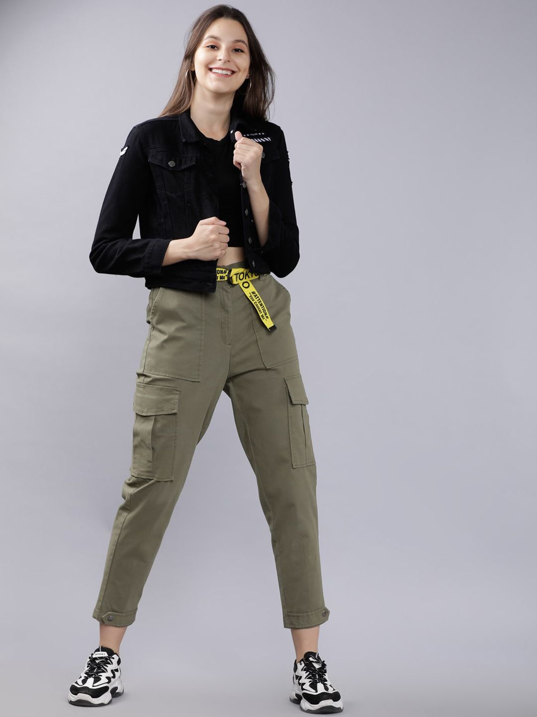 Tokyo Talkies Women Olive Green Slim Fit Solid Cargos